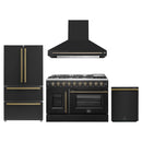 Forno 4-Piece Appliance Package - 48-Inch Galiano French Door Gas Range, Wall Mount Range Hood, 36-Inch Refrigerator, and Dishwasher in Black with Antique Brass Handle