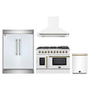 Forno 4-Piece Appliance Package - 48-Inch Galiano French Door Gas Range, Wall Mount Range Hood, 60-Inch Refrigerator, and Dishwasher in White with Antique Brass Handle