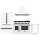 Forno 4-Piece Appliance Package - 48-Inch Galiano French Door Gas Range, Wall Mount Range Hood, 36-Inch Refrigerator, and Dishwasher in White with Antique Brass Handle