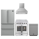 Forno 4-Piece Appliance Package - 30-Inch Galiano French Door Electric Range, Wall Mount Range Hood, 36-Inch Refrigerator, and Dishwasher in Stainless Steel