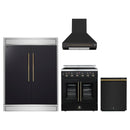 Forno 4-Piece Appliance Package - 30-Inch Galiano French Door Electric Range, Wall Mount Range Hood, 60-Inch Refrigerator, and Dishwasher in Black with Antique Brass Handle
