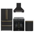 Forno 4-Piece Appliance Package - 30-Inch Galiano French Door Electric Range, Wall Mount Range Hood, 36-Inch Refrigerator, and Dishwasher in Black with Antique Brass Handle