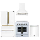 Forno 4-Piece Appliance Package - 30-Inch Galiano French Door Electric Range, Wall Mount Range Hood, 36-Inch Refrigerator, and Dishwasher in White with Antique Brass Handle