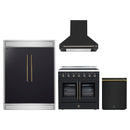 Forno 4-Piece Appliance Package - 36-Inch Galiano French Door Electric Range, Wall Mount Range Hood, 60-Inch Refrigerator, and Dishwasher in Black with Antique Brass Handle