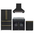Forno 4-Piece Appliance Package - 36-Inch Galiano French Door Electric Range, Wall Mount Range Hood, 36-Inch Refrigerator, and Dishwasher in Black with Antique Brass Handle