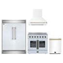 Forno 4-Piece Appliance Package - 36-Inch Galiano French Door Electric Range, Wall Mount Range Hood, 60-Inch Refrigerator, and Dishwasher in White with Antique Brass Handle