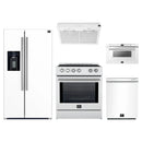 Forno 5-Piece Appliance Package - 30-Inch Leonardo Espresso Induction Range, Under Cabinet Range Hood, French Door Refrigerator with Water Dispenser, Dishwasher, and 24-Inch Microwave Drawer in White with Stainless Steel Trim