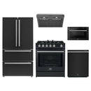 Forno 5-Piece Appliance Package - 30-Inch Leonardo Espresso Gas Range, Under Cabinet Range Hood, French Door Refrigerator, Dishwasher, and 24-Inch Microwave Drawer in Black with Stainless Steel Trim