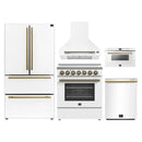 Forno 5-Piece Appliance Package - 30-Inch Electric Range, Wall Mount Range Hood, 36-Inch Refrigerator, Dishwasher, and 24-Inch Microwave Drawer in White with Antique Brass Handle