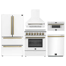 Forno 5-Piece Appliance Package - 30-Inch Electric Range, Wall Mount Range Hood, 36-Inch Refrigerator, Dishwasher, and 30-Inch Microwave Drawer in White with Antique Brass Handle