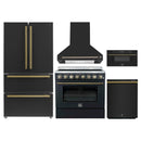 Forno 5-Piece Appliance Package - 36-Inch Electric Range, Wall Mount Range Hood, 36-Inch Refrigerator, Dishwasher, and 30-Inch Microwave Drawer in Black with Antique Brass Handle
