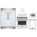 Forno 5-Piece Appliance Package - 36-Inch Electric Range, Wall Mount Range Hood, 60-Inch Refrigerator, Dishwasher, and 24-Inch Microwave Drawer in White with Antique Brass Handle