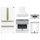 Forno 5-Piece Appliance Package - 36-Inch Electric Range, Wall Mount Range Hood, 36-Inch Refrigerator, Dishwasher, and 30-Inch Microwave Drawer in White with Antique Brass Handle