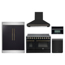Forno 5-Piece Appliance Package - 48-Inch Electric Range, Wall Mount Range Hood, 60-Inch Refrigerator, Dishwasher, and 30-Inch Microwave Oven in Black with Antique Brass Handle