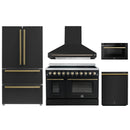 Forno 5-Piece Appliance Package - 48-Inch Electric Range, Wall Mount Range Hood, 36-Inch Refrigerator, Dishwasher, and 24-Inch Microwave Drawer in Black with Antique Brass Handle
