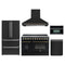 Forno 5-Piece Appliance Package - 48-Inch Electric Range, Wall Mount Range Hood, 36-Inch Refrigerator, Dishwasher, and 30-Inch Microwave Oven in Black with Antique Brass Handle