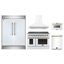 Forno 5-Piece Appliance Package - 48-Inch Electric Range, Wall Mount Range Hood, 60-Inch Refrigerator, Dishwasher, and 24-Inch Microwave Drawer in White with Antique Brass Handle