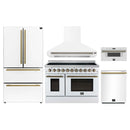 Forno 5-Piece Appliance Package - 48-Inch Electric Range, Wall Mount Range Hood, 36-Inch Refrigerator, Dishwasher, and 30-Inch Microwave Drawer in White with Antique Brass Handle
