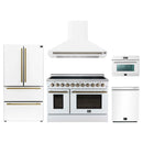 Forno 5-Piece Appliance Package - 48-Inch Electric Range, Wall Mount Range Hood, 36-Inch Refrigerator, Dishwasher, and 24-Inch Microwave Oven in White with Antique Brass Handle