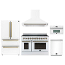 Forno 5-Piece Appliance Package - 48-Inch Electric Range, Wall Mount Range Hood, 36-Inch Refrigerator, Dishwasher, and 30-Inch Microwave Oven in White with Antique Brass Handle