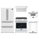 Forno 5-Piece Appliance Package - 30-Inch Leonardo Espresso Electric Range, Under Cabinet Range Hood, French Door Refrigerator, Dishwasher, and 30-Inch Microwave Drawer in White with Stainless Steel Trim