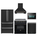 Forno 5-Piece Appliance Package - 30-Inch Electric Range, Wall Mount Range Hood, 36-Inch Refrigerator, Dishwasher, and 24-Inch Microwave Oven in Black with Antique Brass Handle