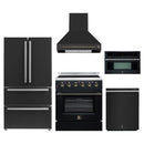 Forno 5-Piece Appliance Package - 30-Inch Electric Range, Wall Mount Range Hood, 36-Inch Refrigerator, Dishwasher, and 30-Inch Microwave Oven in Black with Antique Brass Handle