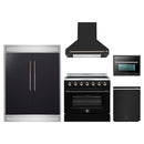 Forno 5-Piece Appliance Package - 36-Inch Electric Range, Wall Mount Range Hood, 60-Inch Refrigerator, Dishwasher, and 24-Inch Microwave Oven in Black with Antique Brass Handle