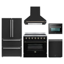 Forno 5-Piece Appliance Package - 36-Inch Electric Range, Wall Mount Range Hood, 36-Inch Refrigerator, Dishwasher, and 24-Inch Microwave Oven in Black with Antique Brass Handle