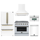 Forno 5-Piece Appliance Package - 36-Inch Electric Range, Wall Mount Range Hood, 36-Inch Refrigerator, Dishwasher, and 30-Inch Microwave Oven in White with Antique Brass Handle