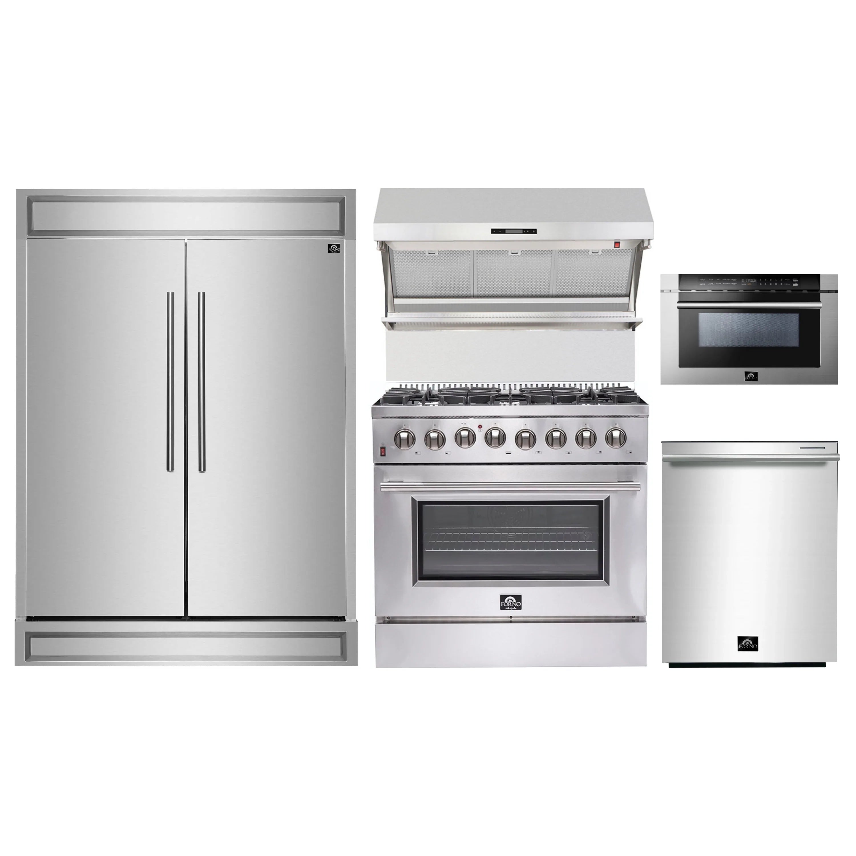 Forno 5-Piece Appliance Package - 36-Inch Dual Fuel Range, 60-Inch Pro-Style Refrigerator, Wall Mount Hood with Backsplash, 24-Inch Microwave Drawer, & 3-Rack Dishwasher in Stainless Steel