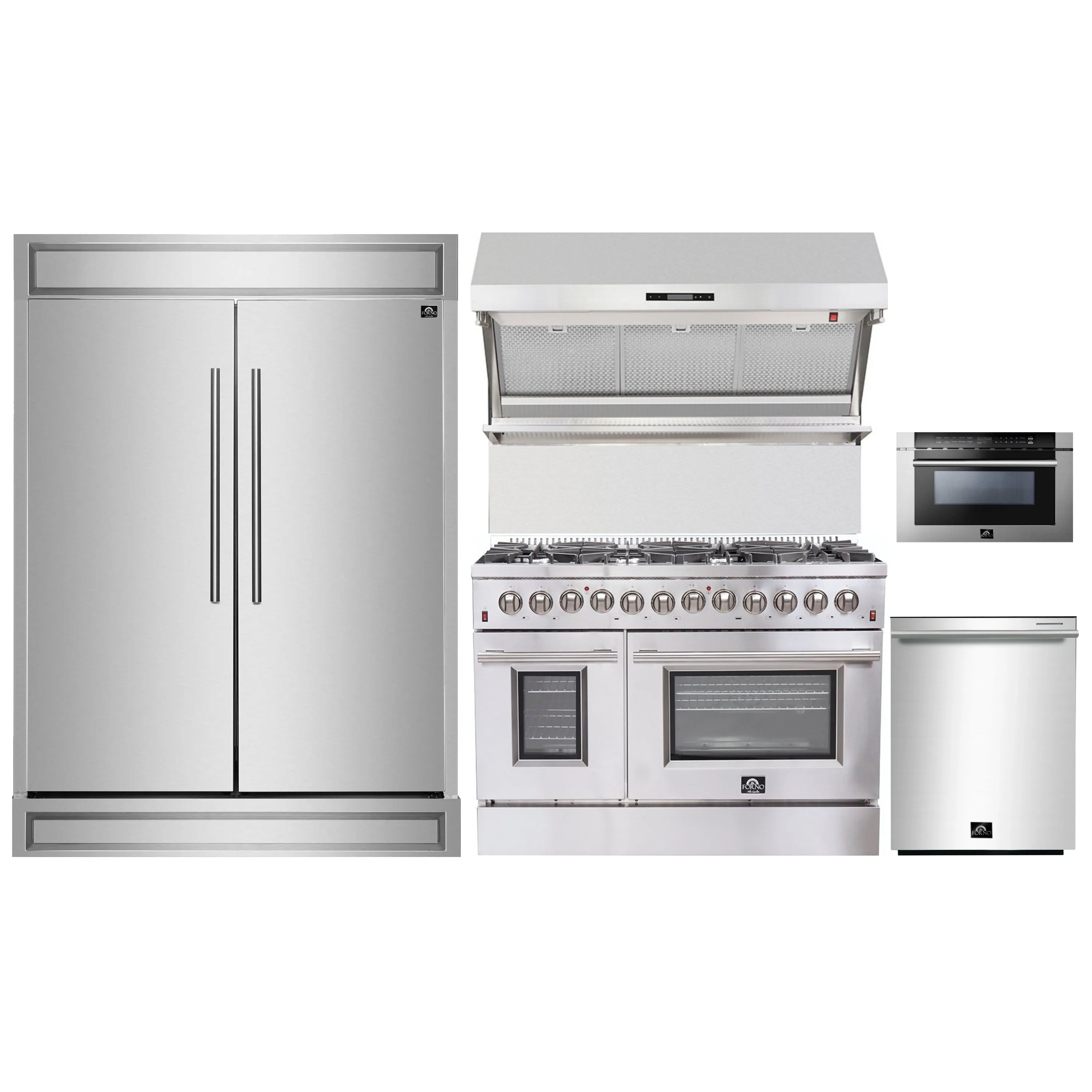 Forno 5-Piece Appliance Package - 48-Inch Dual Fuel Range, 60-Inch Pro-Style Refrigerator, Wall Mount Hood with Backsplash, 24-Inch Microwave Drawer, & 3-Rack Dishwasher in Stainless Steel