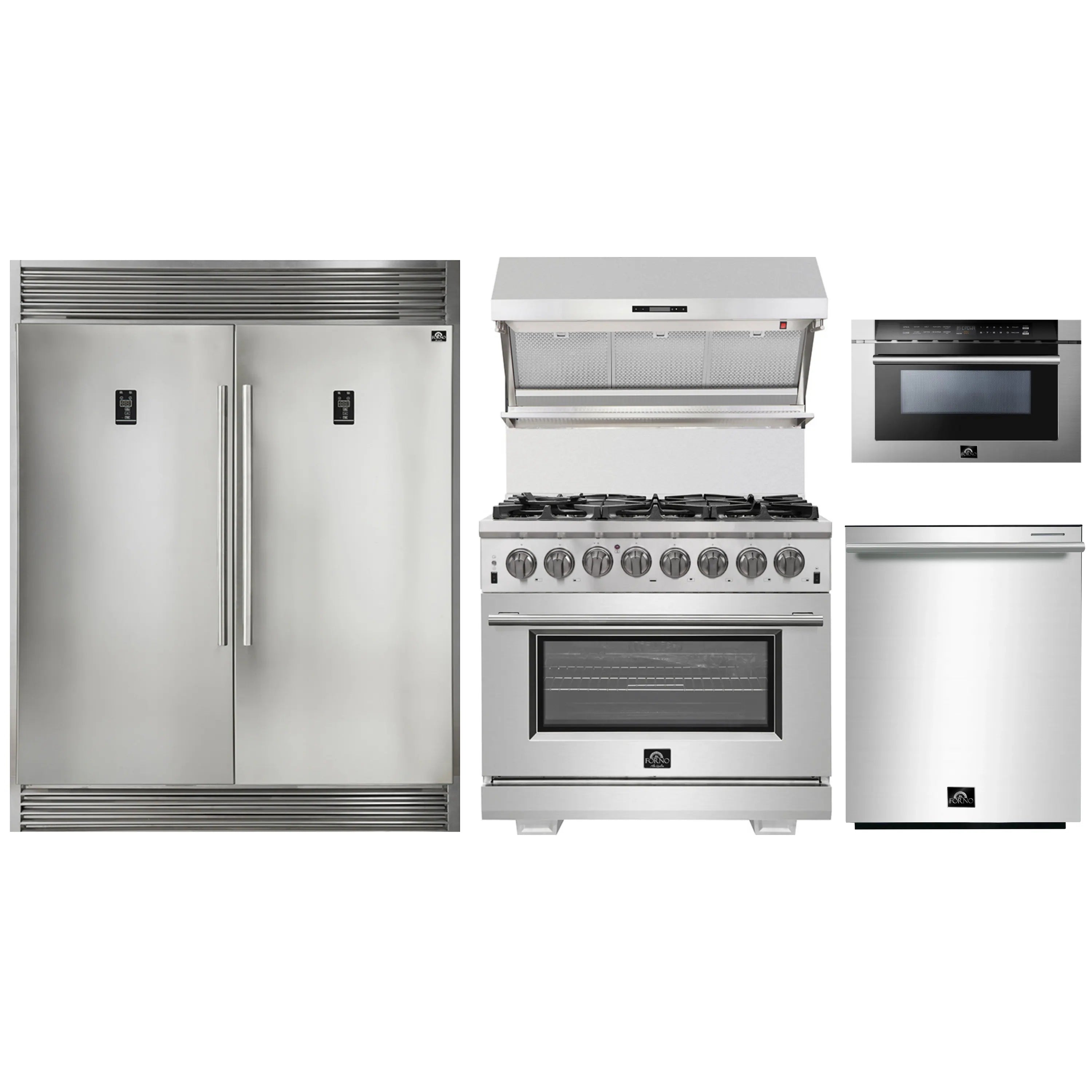 Forno 5-Piece Pro Appliance Package - 36-Inch Dual Fuel Range, 60-Inch Pro-Style Refrigerator, Wall Mount Hood with Backsplash, 24-Inch Microwave Drawer, & 3-Rack Dishwasher in Stainless Steel
