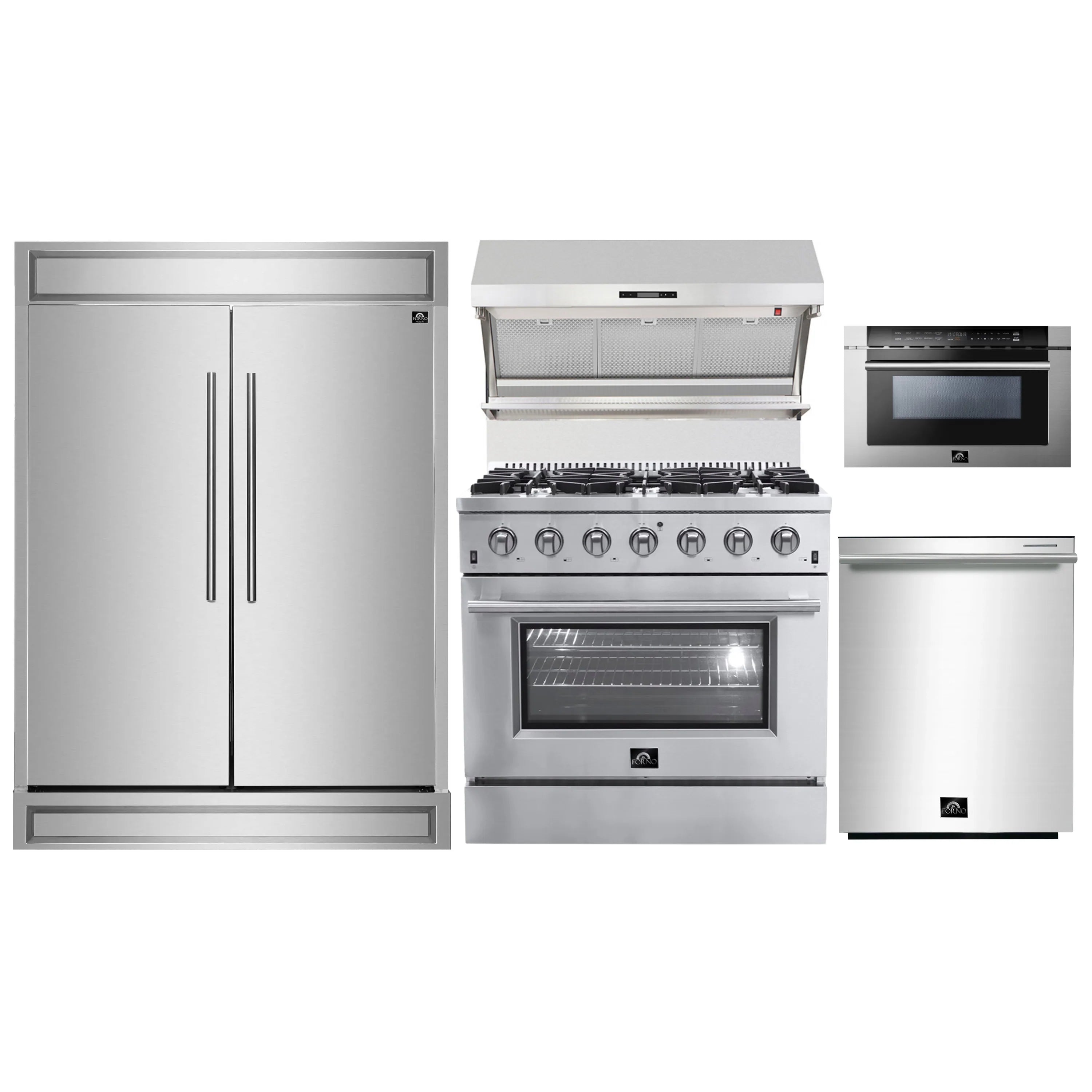Forno 5-Piece Appliance Package - 36-Inch Gas Range, 60-Inch Pro-Style Refrigerator, Wall Mount Hood with Backsplash, 24-Inch Microwave Drawer, & 3-Rack Dishwasher in Stainless Steel