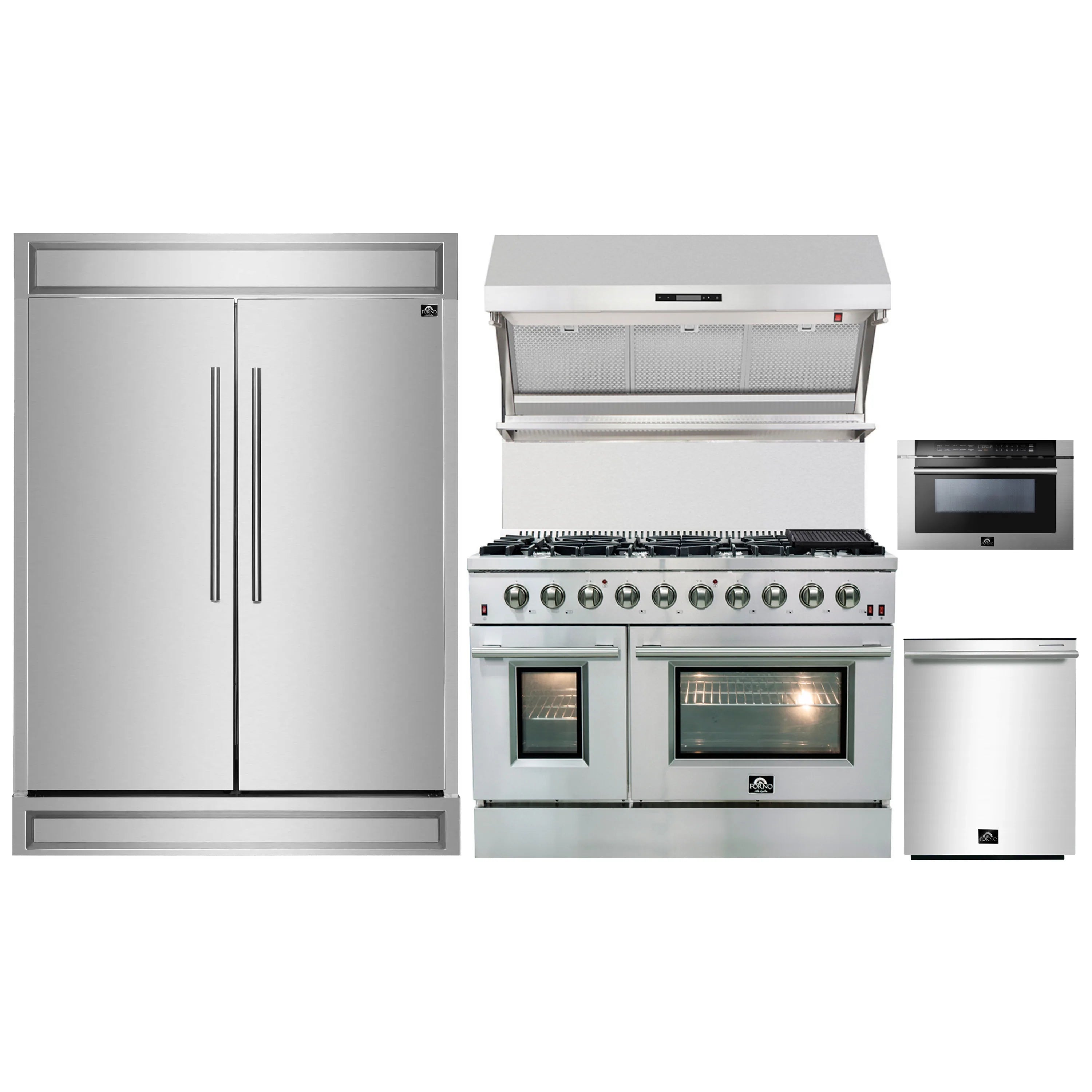 Forno 5-Piece Appliance Package - 48-Inch Gas Range, 60-Inch Pro-Style Refrigerator, Wall Mount Hood with Backsplash, 24-Inch Microwave Drawer, & 3-Rack Dishwasher in Stainless Steel