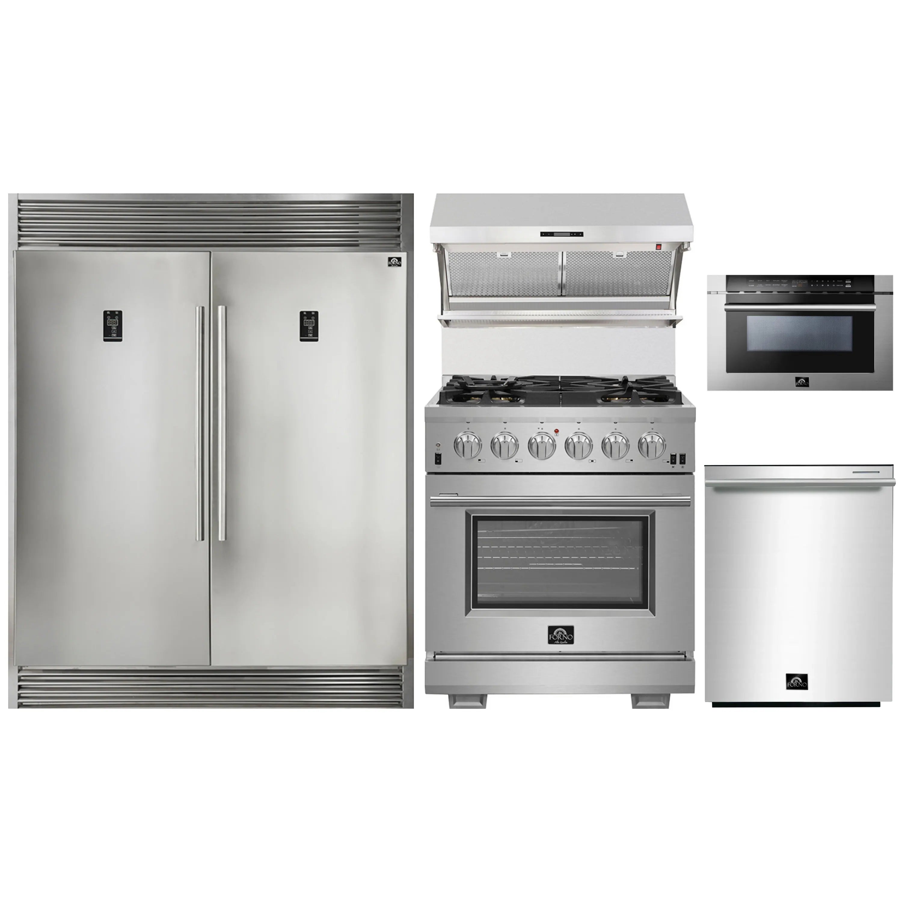 Forno 5-Piece Pro Appliance Package - 30-Inch Gas Range, 60-Inch Pro-Style Refrigerator, Wall Mount Hood with Backsplash, 24-Inch Microwave Drawer, & 3-Rack Dishwasher in Stainless Steel
