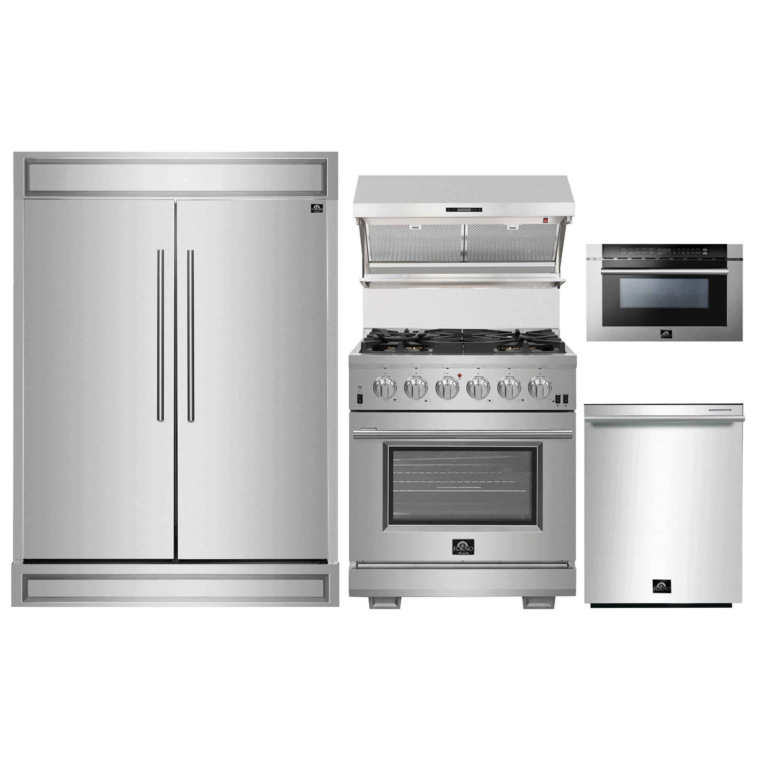 Forno 5-Piece Pro Appliance Package - 30-Inch Gas Range, 60-Inch Pro-Style Refrigerator, Wall Mount Hood with Backsplash, 24-Inch Microwave Drawer, & 3-Rack Dishwasher in Stainless Steel