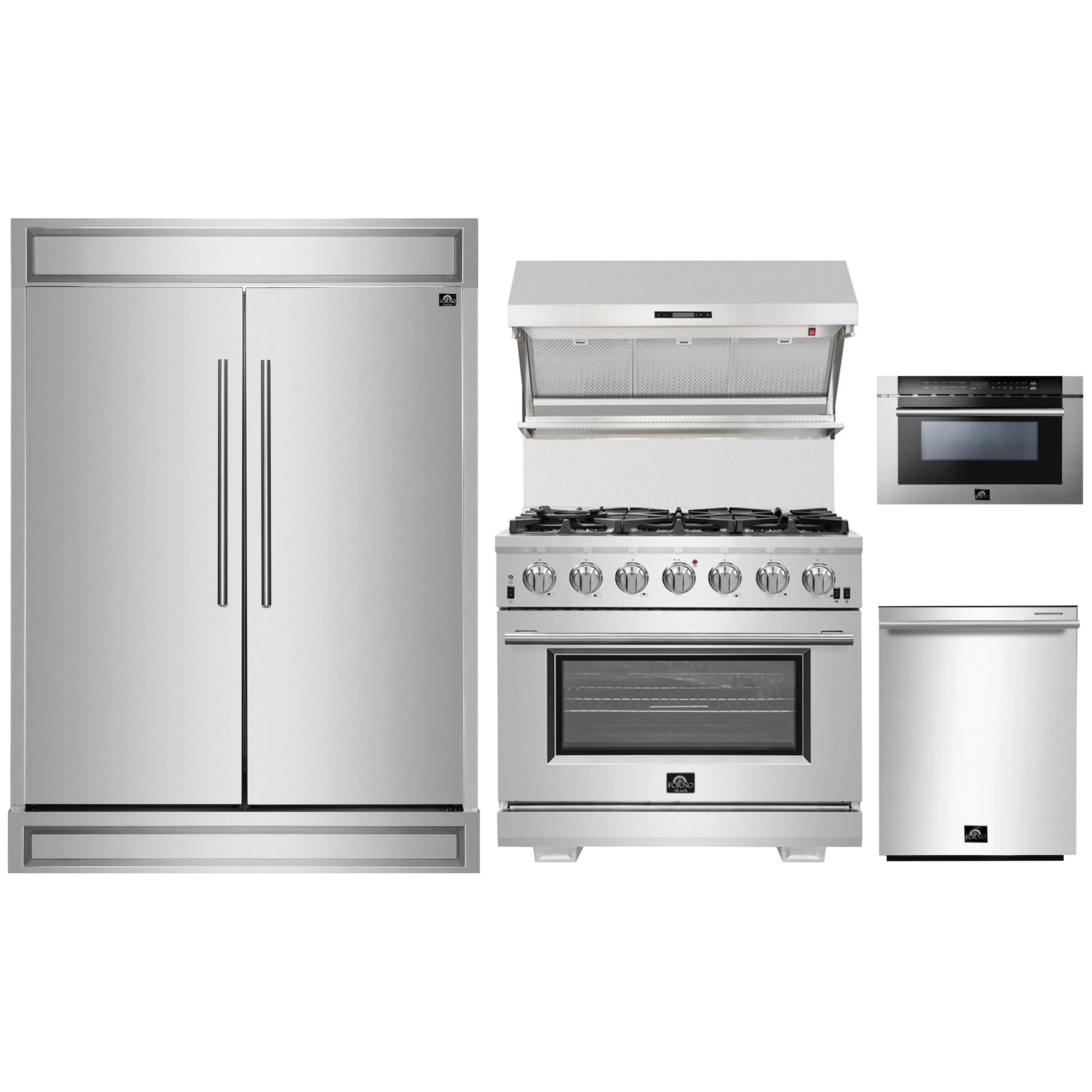 Forno 5-Piece Pro Appliance Package - 36-Inch Gas Range, 60-Inch Pro-Style Refrigerator, Wall Mount Hood with Backsplash, 24-Inch Microwave Drawer, & 3-Rack Dishwasher in Stainless Steel