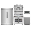 Forno 5-Piece Pro Appliance Package - 36-Inch Capriasca French Door Dual Fuel Range, 60-Inch Pro-Style Refrigerator, Wall Mount Hood with Backsplash, 30-Inch Microwave Drawer, & 3-Rack Dishwasher in Stainless Steel