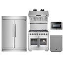 Forno 5-Piece Pro Appliance Package - 36-Inch Capriasca French Door Dual Fuel Range, 60-Inch Pro-Style Refrigerator, Wall Mount Hood with Backsplash, 24-Inch Microwave Drawer, & 3-Rack Dishwasher in Stainless Steel
