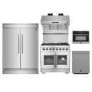 Forno 5-Piece Pro Appliance Package - 36-Inch Capriasca French Door Dual Fuel Range, 60-Inch Pro-Style Refrigerator, Wall Mount Hood with Backsplash, 24-Inch Microwave Oven, & 3-Rack Dishwasher in Stainless Steel