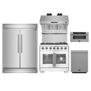 Forno 5-Piece Pro Appliance Package - 36-Inch Capriasca French Door Gas Range, 60-Inch Pro-Style Refrigerator, Wall Mount Hood with Backsplash, 30-Inch Microwave Drawer, & 3-Rack Dishwasher in Stainless Steel