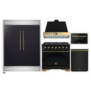 Forno 5-Piece Appliance Package - 36-Inch Dual Fuel Range, Wall Mount Range Hood, 60-Inch Convertible Refrigerator with Modern Trim, Dishwasher, and 24-Inch Microwave Drawer in Black with Antique Brass Handle