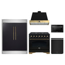 Forno 5-Piece Appliance Package - 36-Inch Dual Fuel Range, Wall Mount Range Hood, 60-Inch Convertible Refrigerator with Modern Trim, Dishwasher, and 24-Inch Microwave Drawer in Black with Antique Brass Handle