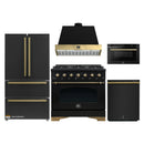 Forno Antico 5-Piece Appliance Package - 36-Inch Dual Fuel Range, 36-Inch Hood, 36-Inch Refrigerator, 24-Inch Dishwasher, & 24-Inch Microwave Drawer in Black with Antique Brass Trim