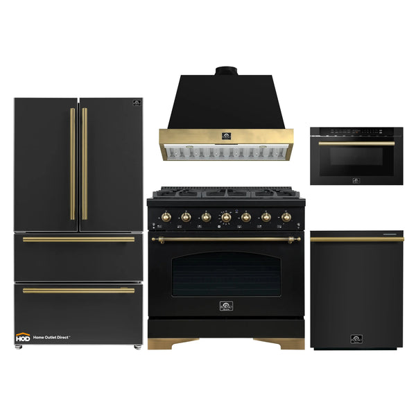 Forno Antico 5-Piece Appliance Package - 36-Inch Dual Fuel Range, 36-Inch Hood, 36-Inch Refrigerator, 24-Inch Dishwasher, & 24-Inch Microwave Drawer in Black with Antique Brass Trim