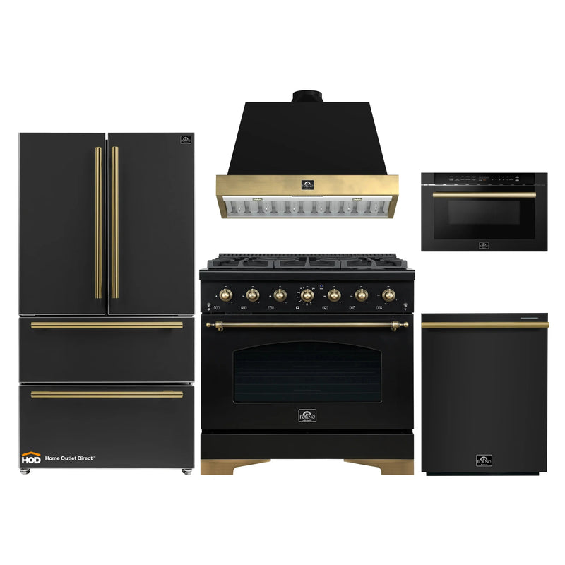 Forno Antico 5-Piece Appliance Package - 36-Inch Dual Fuel Range, 36-Inch Hood, 36-Inch Refrigerator, 24-Inch Dishwasher, & 24-Inch Microwave Drawer in Black with Antique Brass Trim