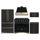 Forno Antico 5-Piece Appliance Package - 36-Inch Dual Fuel Range, 36-Inch Hood, 36-Inch Refrigerator, 24-Inch Dishwasher, & 30-Inch Microwave Drawer in Black with Antique Brass Trim