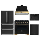 Forno Antico 5-Piece Appliance Package - 36-Inch Dual Fuel Range, 36-Inch Hood, 36-Inch Refrigerator, 24-Inch Dishwasher, & 30-Inch Microwave Drawer in Black with Antique Brass Trim