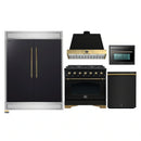 Forno 5-Piece Appliance Package - 36-Inch Dual Fuel Range, Wall Mount Range Hood, 60-Inch Convertible Refrigerator with Modern Trim, Dishwasher, and 24-Inch Microwave Oven in Black with Antique Brass Handle